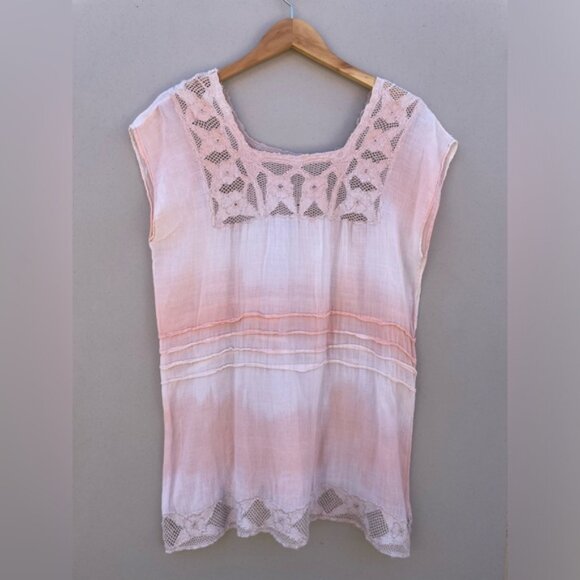 Free People Women's Peach Ombre Boho Crochet Lace Hippie Peasant Top Size M - Picture 1 of 10